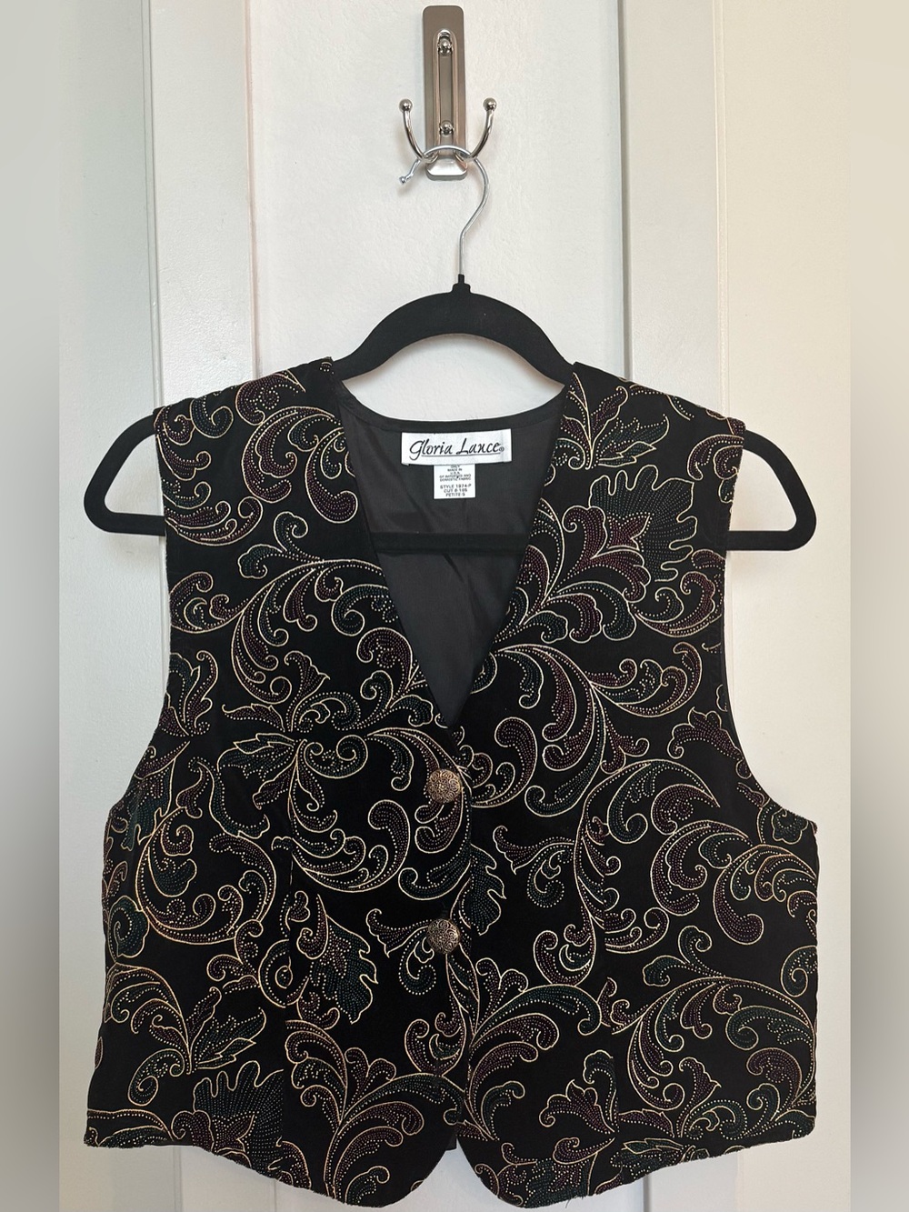 Vintage Gloria Lance Gold Beaded Paisley Velvet Vest, Black, Petite Small